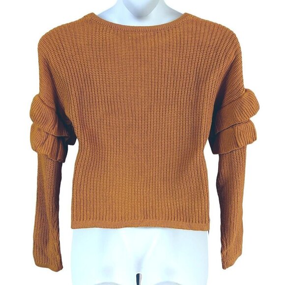 Say What? Mustard Yellow Round Neck Ruffle Sleeve Sweater - Picture 3 of 6